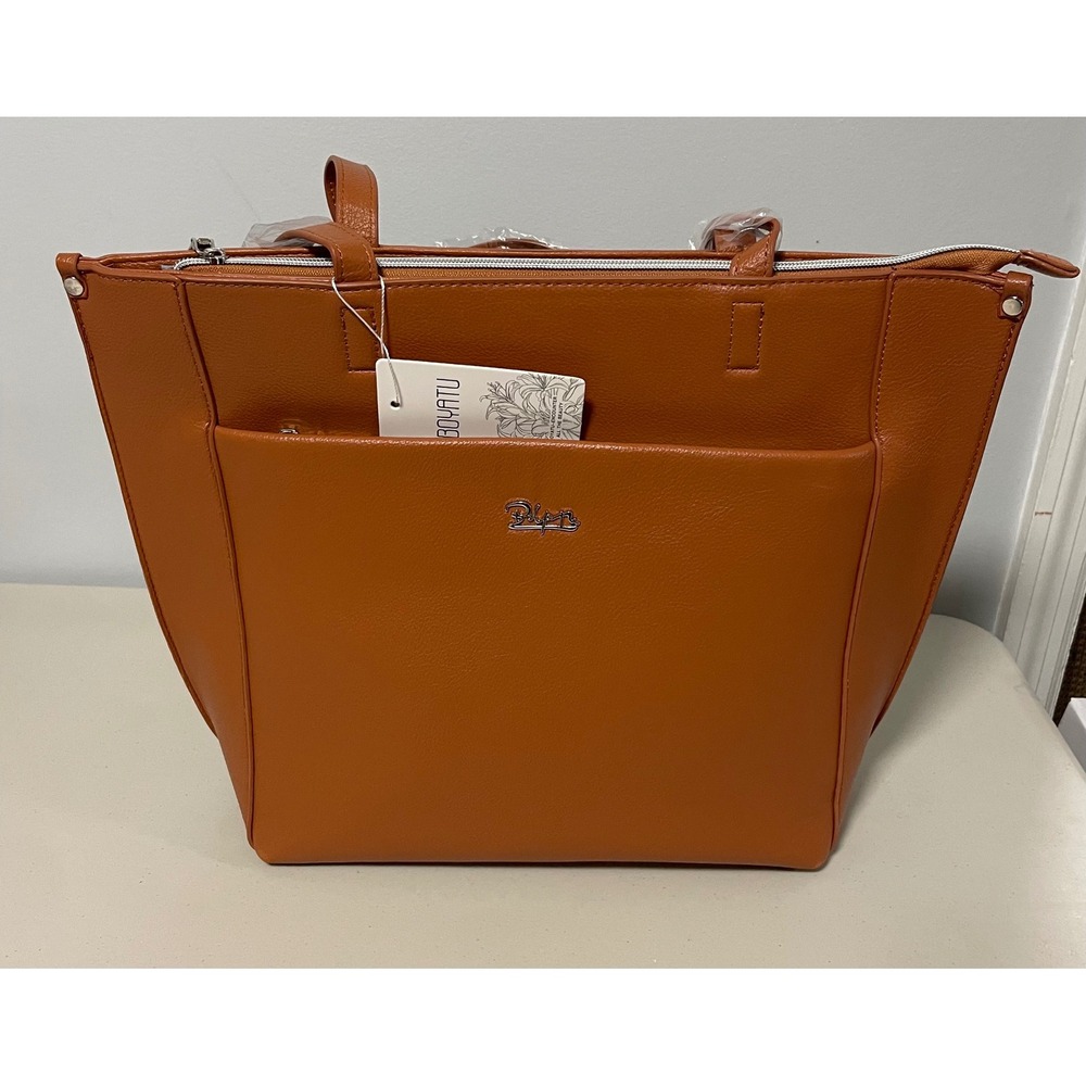Boyatu Cognac Brown Faux Leather Laptop Tote Bag Work Shoulder Bag NWT